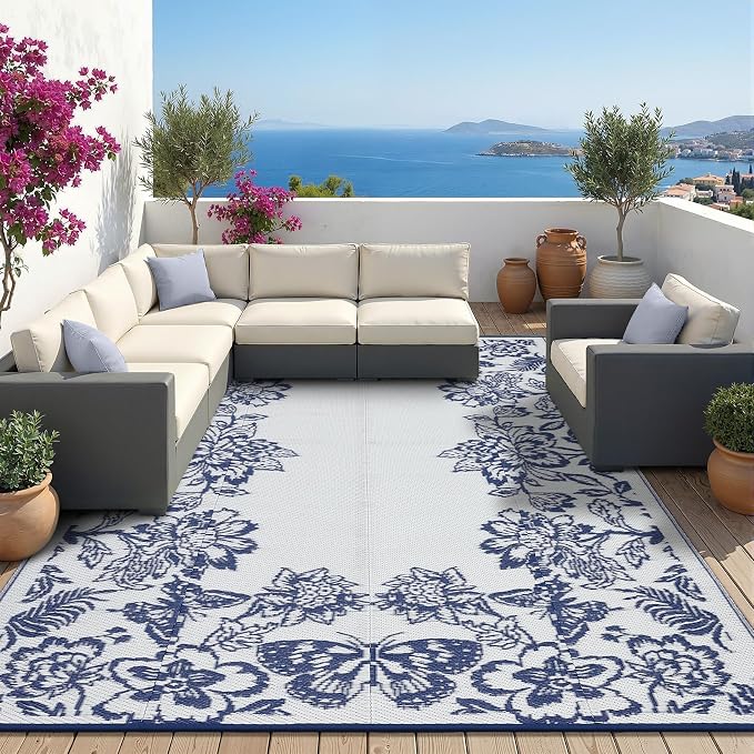 Garvee Outdoor Rugs 8’x10’ Waterproof Reversible Mats, Large Area Plastic Straw Rug, Outside Carpet, Butterfly Floral Rv Mat for Patio Camping Picnic Backyard Deck Balcony Porch Beach Trailer