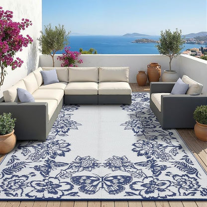 Garvee Outdoor Rugs 8’x10’ Waterproof Reversible Mats, Large Area Plastic Straw Rug, Outside Carpet, Butterfly Floral Rv Mat for Patio Camping Picnic Backyard Deck Balcony Porch Beach Trailer