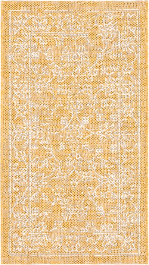 SAFAVIEH Washable Rug Outdoor Courtyard Collection - 2' x 3'7", Gold & Ivory, Non-Shedding & Easy Cleaning, Ideal for Patio, Front Door, Entryway, Doormat (CY8680-56021)