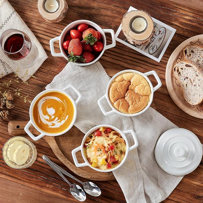 Lareina Mini Cocotte 12oz Ceramic Casserole Dish Set with Lid, White | Small casserole ramekins with handles, oven, microwave & dishwasher safe. Perfect for baking, serving, and individual meals.
