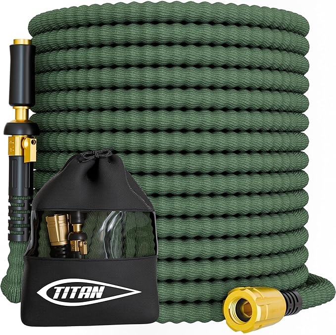 TITAN Flexible Garden Hose 30FT – Ultra Lightweight, Heavy Duty Water Hose with Brass Fittings & Jet Nozzle – Kink-Free, Non-Expanding, Durable Fabric Hose for Yard, Lawn, Car Wash, Outdoor Use