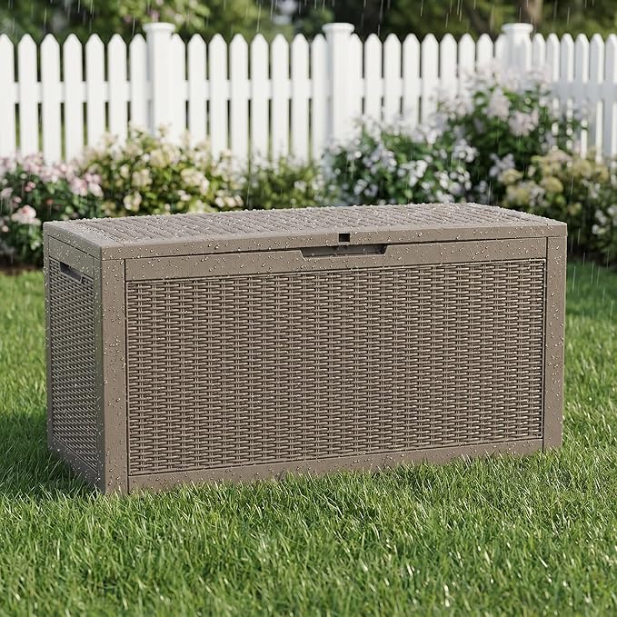 100 Gallon Deck Box, Waterproof Resin Rattan Outdoor Storage Box Lockable for Patio, Fade Resistant Outdoor Side Table & Organizer for Garden Tools, Pool Floats, Outdoor Cushions, Light Coffee