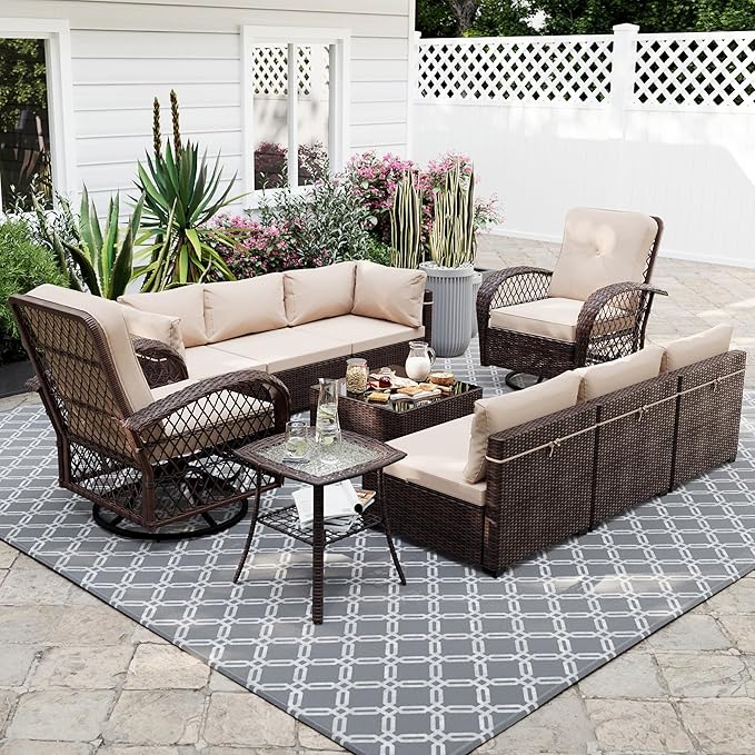 UPHA 10 Pieces Patio Furniture Sets Outdoor Sectional Sofa Wicker Conversation Couch with Bistro Swivel Chair for Decks, Backyards, Gardens, Brown Rattan, Beige Cushion