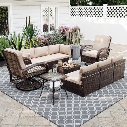 UPHA 10 Pieces Patio Furniture Sets Outdoor Sectional Sofa Wicker Conversation Couch with Bistro Swivel Chair for Decks, Backyards, Gardens, Brown Rattan, Beige Cushion