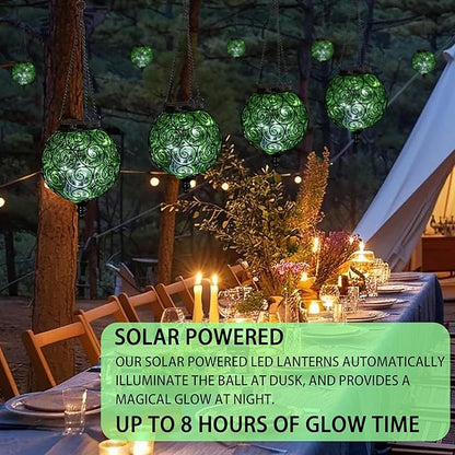 Solar Hanging Lantern Outdoor Garden Lights, Round Glass and Metal Hanging Lantern, 15 Firefly LED Lights, 7 x 20 Inch (Green)