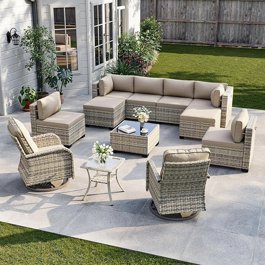 12-Piece Patio Furniture Set, Outdoor Patio Furniture with Swivel Chairs Set, Ottomans, Modular Patio Sofa, Dual-Strand Wicker Rattan, Rust-Resistant Frame, Khaki