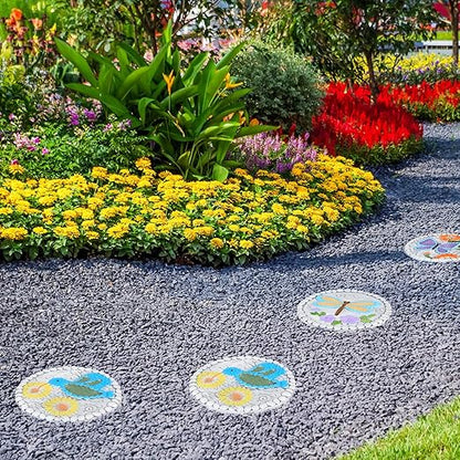 3 Pack Cement Stepping Stones Outdoor 10 Inch Round Garden Stepping Stones with Hand-Painted Flowers, Decorative Patio Pavers for Outside Walkway, Dragonfly Butterfly Garden Decor Hummingbird Gifts