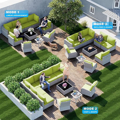 10-Piece Patio Furniture Set, Outdoor Patio Furniture with Swivel Chairs Set, Thick Cushions, Modular Patio Sofa, Dual-Strand Rattan, Rust-Resistant Frame, Grass Green