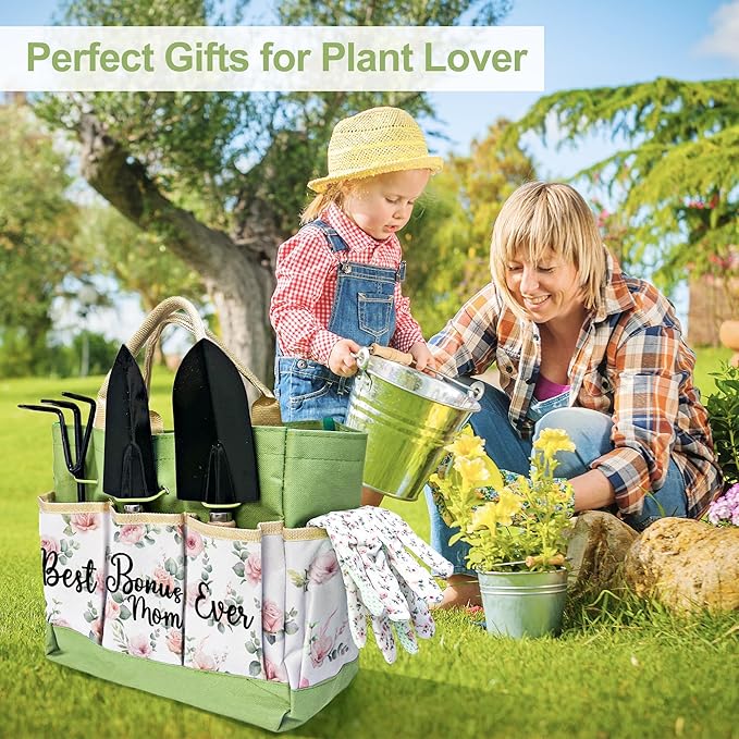 Bonus Mom Gifts, Garden Kit Mothers Day Bonus Mom Gifts from Bonus Daughter Floral Gardening Tools and Durable Garden Tools Organizer Tote, Gardening Set for Women on Birthday Plant Lover Present