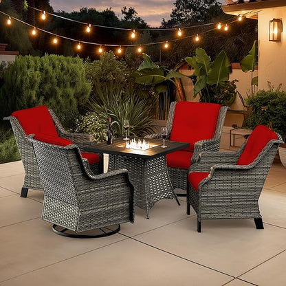 5-Piece Patio Wicker Conversation Set with Fire Pit, Furniture Set Includes 2 Swivel Rocker Chair and 2 Armchair, Cushion Red