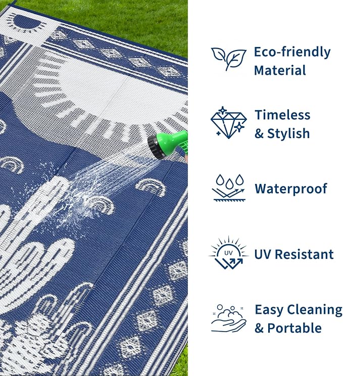 Garvee Reversible Cactus Outdoor Rug 8x10 for Patio, Waterproof Outdoor Area Rug, Modern Desert Botanical Indoor Outdoor Rugs, Plastic Straw Rug for RV, Camping, Deck, Navy Blue & Beige