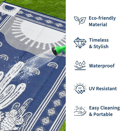 Garvee Reversible Cactus Outdoor Rug 8x10 for Patio, Waterproof Outdoor Area Rug, Modern Desert Botanical Indoor Outdoor Rugs, Plastic Straw Rug for RV, Camping, Deck, Navy Blue & Beige