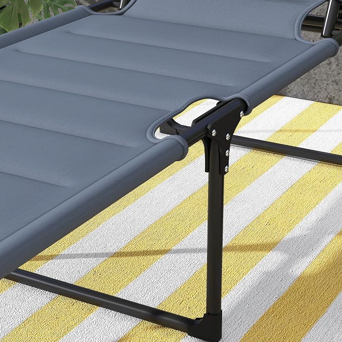 Outsunny Outdoor Lounge Chair, Adjustable Backrest Folding Chaise Lounge, Cushioned Tanning Chair with Sunshade Roof & Pillow Headrest for Beach, Camping, Hiking, Gray