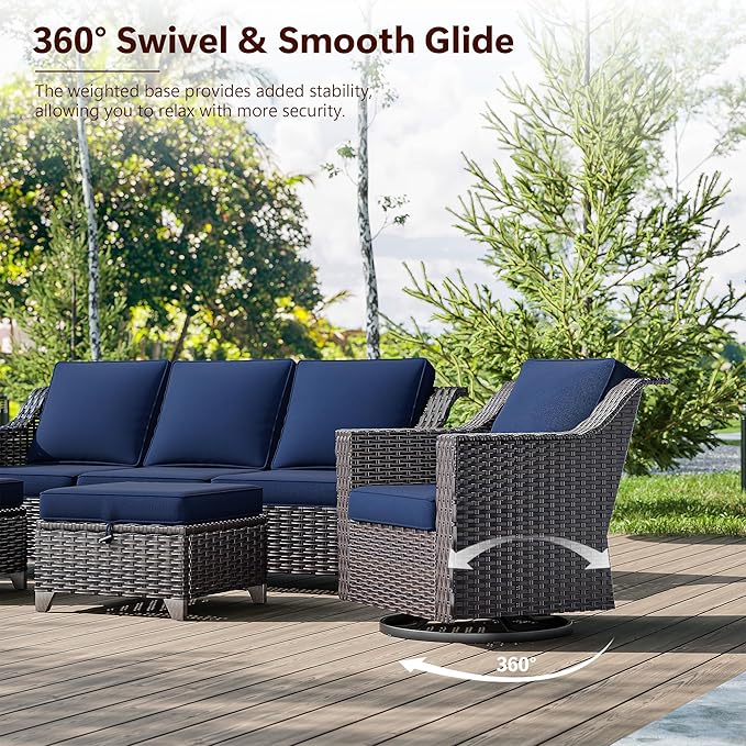 7 Pieces Wicker Patio Furniture, Luxury Outdoor Furniture with 2 Patio Swivel Chair, 3-Seater Sofa, 2 Patio Ottoman, 1 Coffee Table and 1 Side Table, Wide Armrest, Thickened Cushions