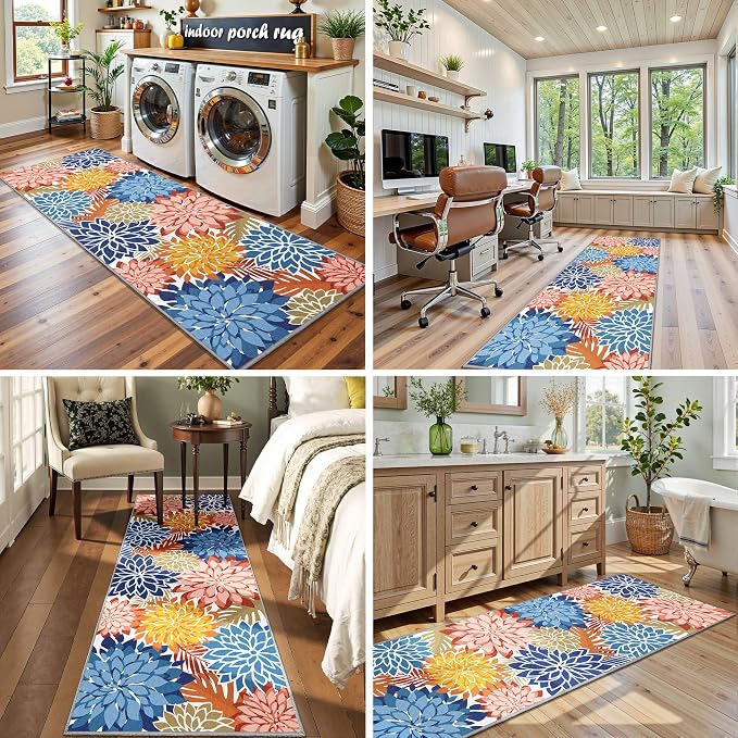 Colorful 2x6 Washable Runner Rug for Hallway Tropical Botanical Modern Floral Chenille Kitchen Rugs Low Pile Non Slip Carpet for Patio, Bedroom, Laundry, Vivid Dahlia