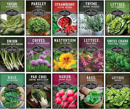 Tower Garden Seeds 15 Variety Collection - Heirloom Compact Vegetables & Herbs for Small Space, Patio, & Container Growing - Dwarf Garden Seed Variety Pack for Planting - Survival Garden Seeds