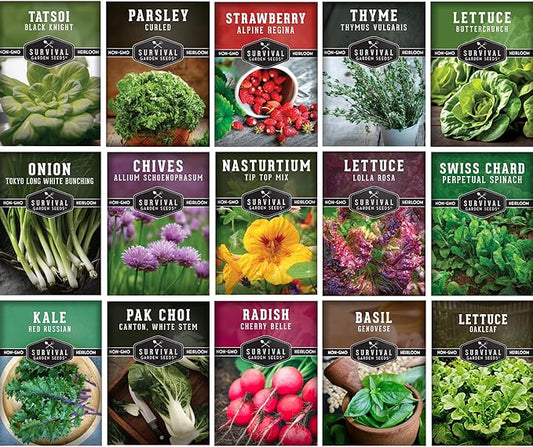 Tower Garden Seeds 15 Variety Collection - Heirloom Compact Vegetables & Herbs for Small Space, Patio, & Container Growing - Dwarf Garden Seed Variety Pack for Planting - Survival Garden Seeds