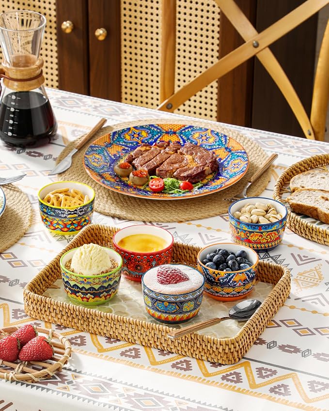 vancasso Ramekins 6 oz Oven Safe, Bohemian Style Creme Brulee Ramekin Set of 6, Porcelain Souffle Dishes Pudding Custard Cups for Baking Ramiken Bowls for Ice Cream