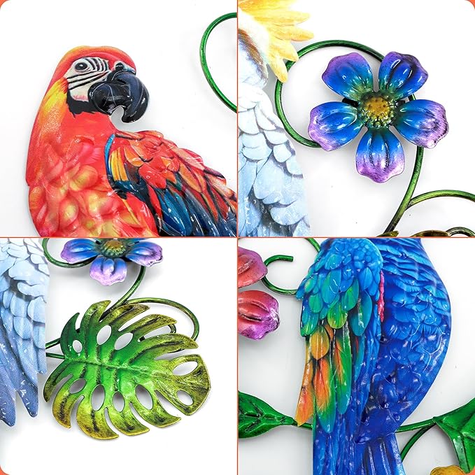 Metal Colorful Parrots Wall Art, 12 Inches Parrot Large Hanging Outside Decoration 3 Pack, Metal Bird Wall Christmas Decoration Gift, Decor Outdoor Decorations for Yard, Garden Ornaments Patio Outside Porch Christmas Decor