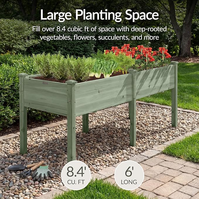 Best Choice Products 72x24x30in Raised Garden Bed, Elevated Wood Planter Box Stand for Backyard, Patio, Balcony w/Divider Panel, 6 Legs, 300lb Capacity - Sage