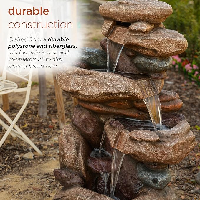 Alpine Corporation WIN315 40" Floor Fountain – Tiered Brown Rock Water Feature with Color-Changing LED & Remote – Cascading Streams for a Tranquil Garden, Patio, Yard, Deck, or Porch, Light Brown