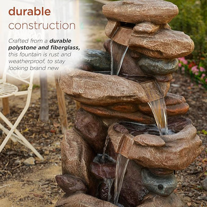 Alpine Corporation WIN315 40" Floor Fountain – Tiered Brown Rock Water Feature with Color-Changing LED & Remote – Cascading Streams for a Tranquil Garden, Patio, Yard, Deck, or Porch, Light Brown