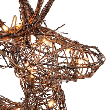 Alpine Corporation 35" Tall Outdoor Lighted Rattan Reindeer Christmas Yard Decoration with 60 Warm White LED Lights for Lawn Display, Brown