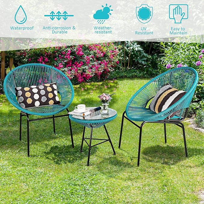 COSTWAY 3-Piece Outdoor Acapulco Chair Set, Wicker Conversation Bistro Sets with Plastic Rope, Glass Top Table, Patio Rattan Furniture Set for Garden, Balcony, Lawn, Backyard, Apartment, Turquoise