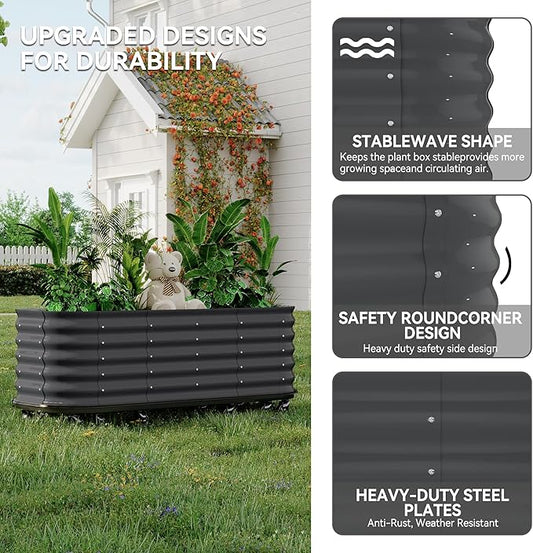 GarveeHome Self-Watering Wheeled Metal Garden Bed – Mobile Raised Planter Box with Water, Galvanized Steel Indoor/Outdoor Rolling Grow Station for Herbs, Veggies & Decor （94.5 in x23.6 in x19.7,Gray