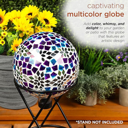 Alpine Corporation HMD218 Mosaic Gazing Globe with Mirrored Floral Pattern Decoration for Garden, Patio, and Lawn, 12" H
