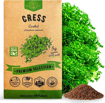 Organo Republic Curled Cress Seeds Pack 5G - Over 2,150 Non-GMO Heirloom Cress Seeds for Planting Greens in Individual Seed Packet, Greens Seeds for Planting Home Garden Indoor & Outdoor Gardening