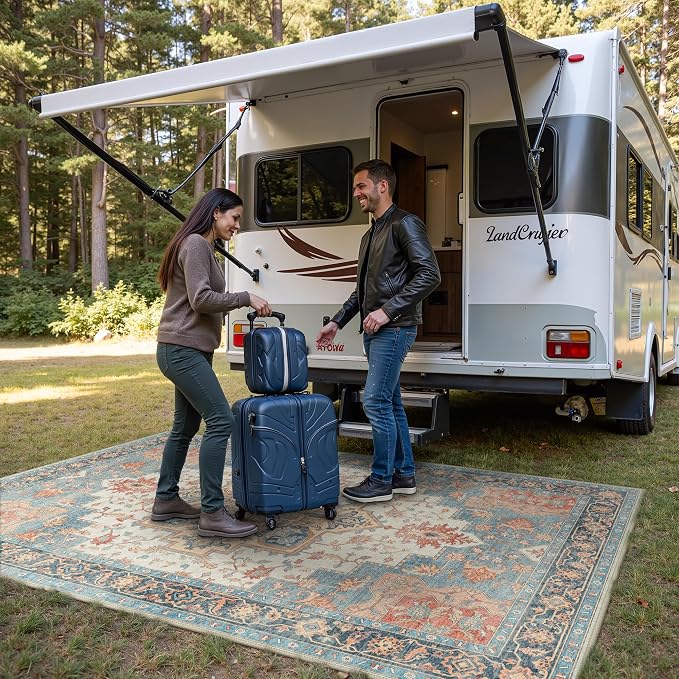 GENIMO Outdoor & Indoor Area Rug 6'x9', Waterproof, Non-Shedding, Easy Cleaning, Boho Mat for Patio, Living Room, Balcony, Dining Room, RV, Deck, Bedroom, Camping, Outside Carpet,Blue Salmon