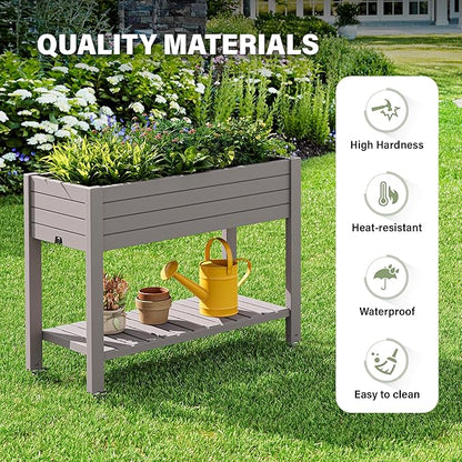 Raised Garden Bed with Wheels, Divisible Resin Planter Box with Drainage Gauge & Storage Shelf, Herb Planter for Garden Patio Backyard, Gray