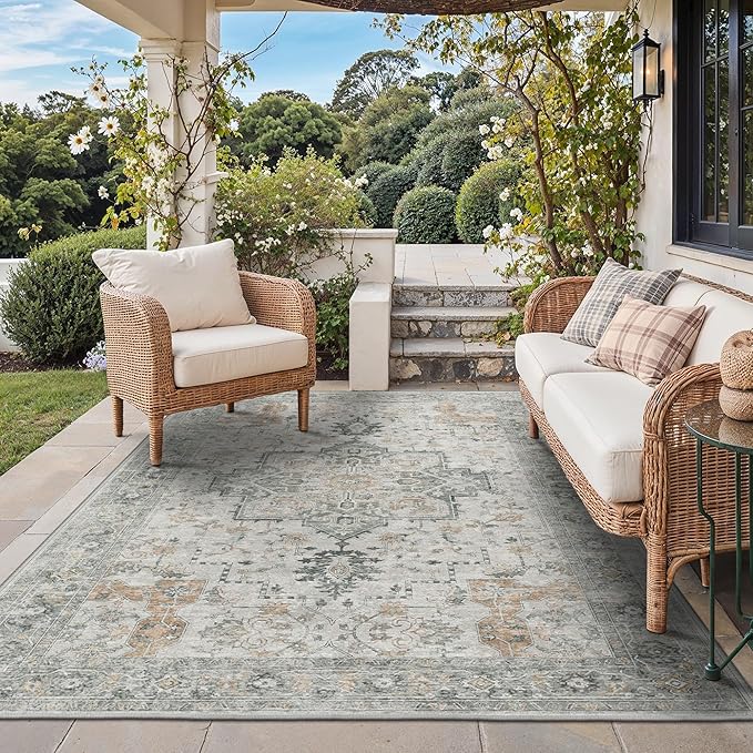 GENIMO Outdoor & Indoor Area Rug 6'x9', Waterproof, Non-Shedding, Easy Cleaning, Boho Mat for Patio, Living Room, Balcony, Dining Room, RV, Deck, Bedroom, Camping, Outside Carpet,Light Grey Brown