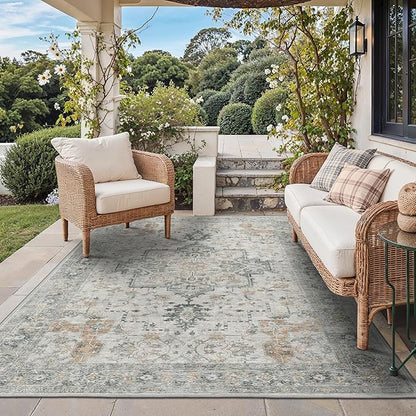 GENIMO Outdoor & Indoor Area Rug 6'x9', Waterproof, Non-Shedding, Easy Cleaning, Boho Mat for Patio, Living Room, Balcony, Dining Room, RV, Deck, Bedroom, Camping, Outside Carpet,Light Grey Brown