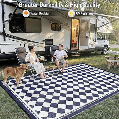 HUGEAR Outdoor Waterproof Rug 9'x12' Plastic Straw Rugs Washable Reversible Floor Mat Blue Plaid Carpet for Camping RV Deck Entryance Porch Picnic Balcony Beach Backyard