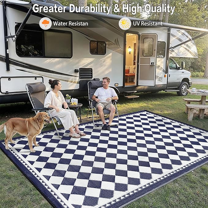 HUGEAR Outdoor Waterproof Rug 10'x14' Plastic Straw Rugs Washable Reversible Floor Mat Blue Plaid Carpet for Camping RV Deck Entryance Porch Picnic Balcony Beach Backyard