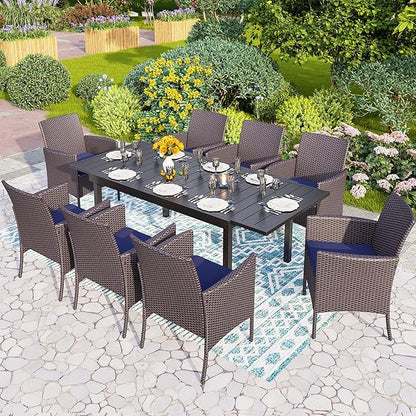 PHI VILLA 9 Piece Outdoor Dining Table Set for 8, Expandable Rectangular Metal Dining Table and Cushioned Rattan Chairs Furniture for Patio, Deck, Porch, Backyard