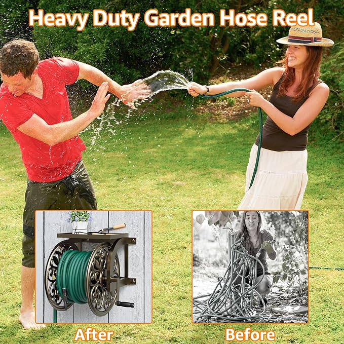 GOFORWILD Garden Wall Mount Hose Reel, Decorative Hose Reel, Garden Heavy-Duty Water Hose Holder Winder, Holds 200-Feet of 5/8-Inch Hose