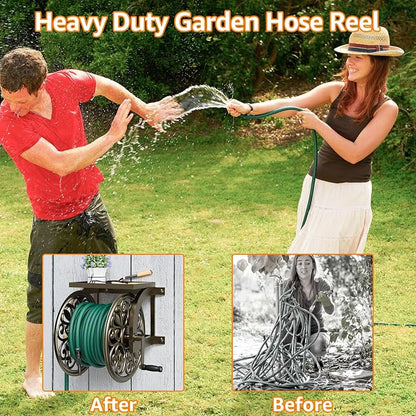 GOFORWILD Garden Wall Mount Hose Reel, Decorative Hose Reel, Garden Heavy-Duty Water Hose Holder Winder, Holds 200-Feet of 5/8-Inch Hose