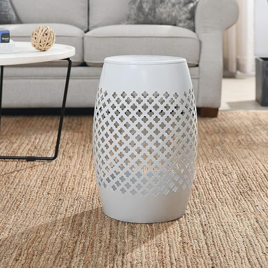 AC Pacific Outdoor Indoor Lace-Cut Iron Drum Side Table, Powder-Coated, Unique and Versatile Metal Pedestal Stand, Modern Contemporary Accent Piece, White
