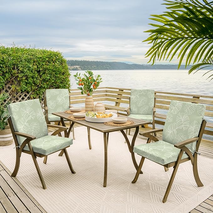 Arden Outdoor Patio Dining Chair Cushion, 20x44, Rain-Proof Seat Pad, Fade-Resistant Outdoor Cushion Coastal Green Leaf