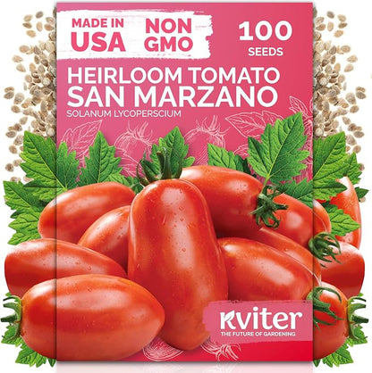KVITER 100 San Marzano Indeterminate Tomato Seeds (Solanum Lycoperscium) - San Marzano Paste Tomato, Sweet Flavor, Tall Vines, Heirloom Seed Packets - Vegetable Seeds for Outdoor Garden, Greenhouses