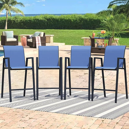 Outdoor Bar Stools Set of 4, 44'' Patio Bar Chairs with Textile High Back, Bar Height Chairs with Straight Armrest and Footrest, Blue