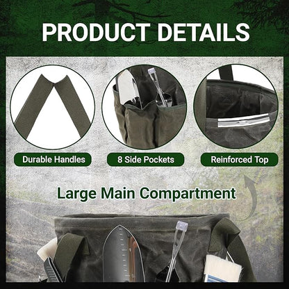 Professional 16oz Waxed Canvas Garden Tool Tote - Extra Large Waterproof Storage with 8 Pockets & Reinforced Base | Durable Carrying Case for Gardening, Landscaping & Outdoor Work