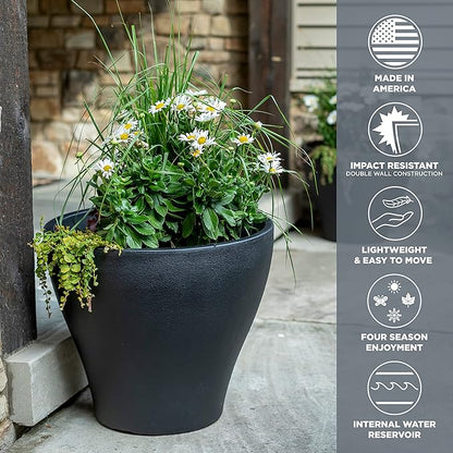 Step2 Fernway Round Planter, Large Planters for Outdoor Plants, Gardening and Flower Pot for Patio or Porch, Efficient Drainage, Durable Plastic, Onyx Black, 1-Pack