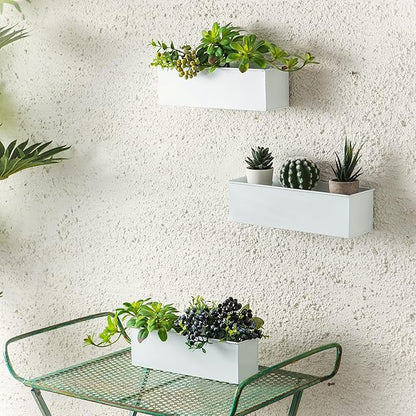 LaLaGreen Wall Planter (3 Pack, 12 Inch) Wall Hanging Plant Holders White, Large Long Rectangular Metal Wall Mounted Flower Pots, Window Sill Planters Box Fence Railings Garden Floating Shelve Outdoor