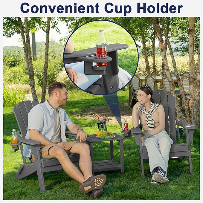 Plawdlik Folding Adirondack Chair, SGS Tested, Wooden Textured with Cup Holder, Heavy All-Weather HDPE Comfortable Set Poolside Backyard Lawn Grey Set 4