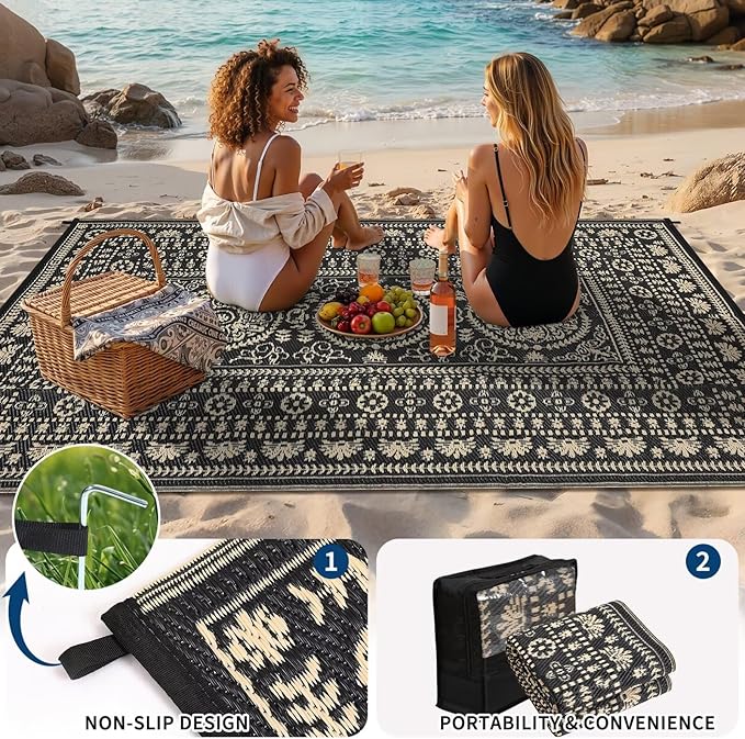 Garvee Reversible Outdoor Rug 6x9 for Patio, Waterproof Outdoor Area Rug, Modern Medallion Indoor Outdoor Rugs, Plastic Straw Rug for RV, Camping, Deck, Vintage Brown