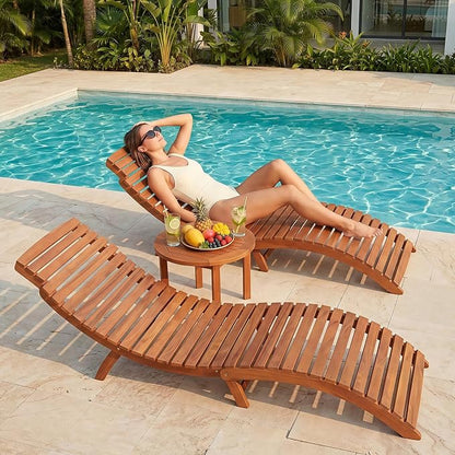 Flamaker Lounge Chairs for Outside Folding Acacia Wood Chaise Lounge with Side Handle Sun Lounger for Poolside, Lawn, Backyard (2 Piece)